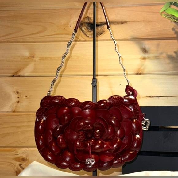 Brighton ROSALIE Bag Purse REDLEATHER Flower 3D Petals Silver Chain Appliqué - Picture 4 of 12